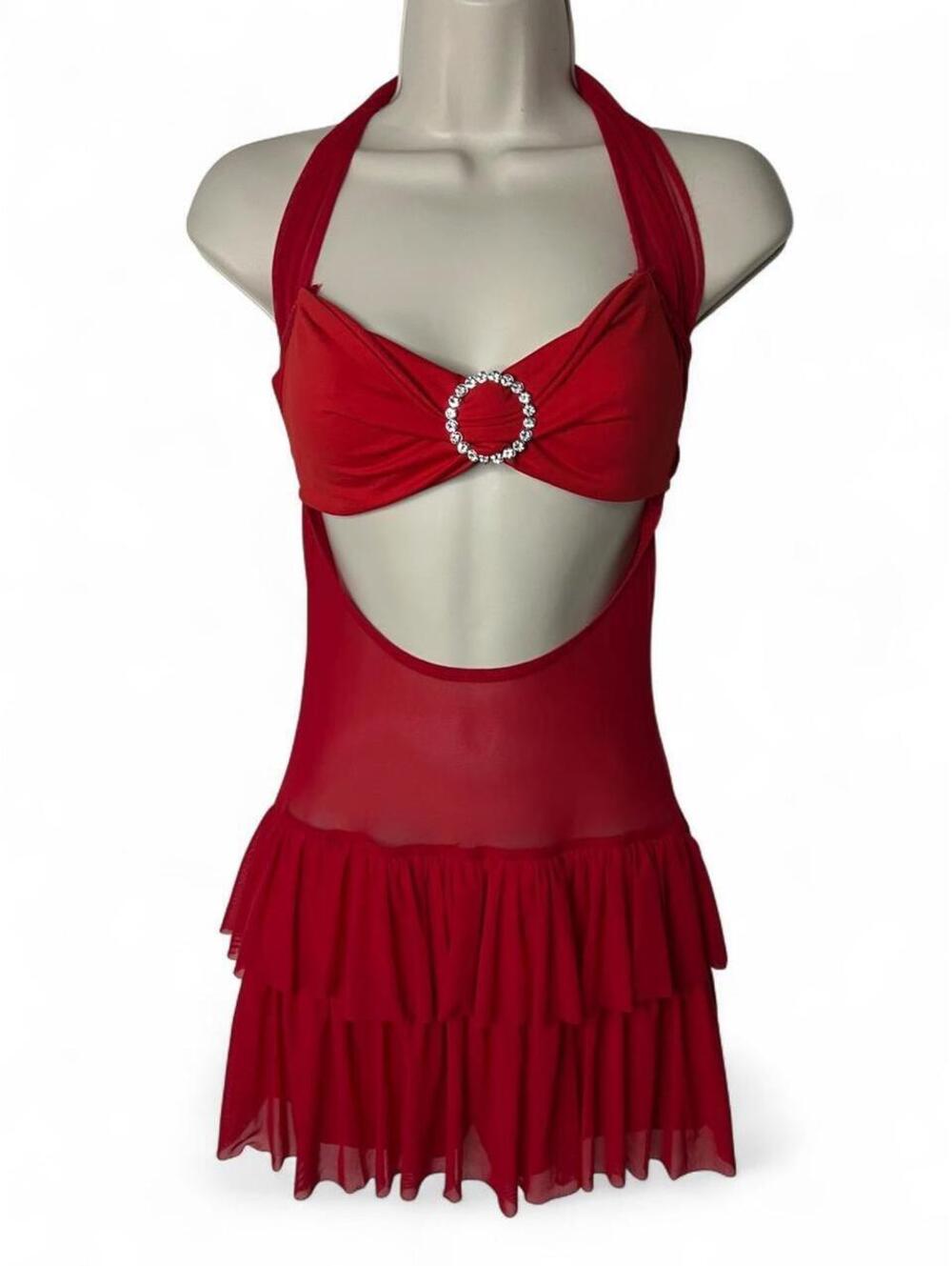 Red mesh halter neck mini dress with ruffled hem and built in shorts
